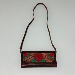 Embroidered Brown Leather Shoulder Bag